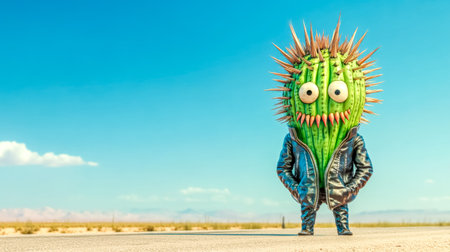 Whimsical 3d rendering depicts a cactus character with a mischievous grin, wearing a black leather jacket and standing confidently in a desert road against a clear blue skyの素材