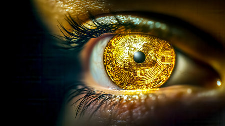 Close up of an eye featuring a golden cryptocurrency coin over the iris, symbolizing the evolving landscape of finance and the rise of digital currenciesの素材