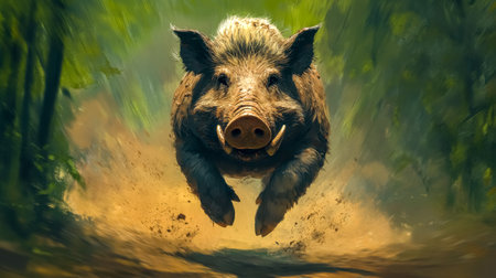 Wild boar charges aggressively down a narrow forest path, creating a dynamic motion blur effect that emphasizes the animal's speed and power, dust and debris flying around as it runsの素材