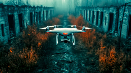 White drone equipped with a camera soaring above abandoned, ruined buildings in a foggy landscape, capturing the eerie atmosphere of a desolate disaster areaの素材