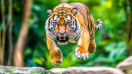 Powerful Sumatran tiger leaping through its dense jungle habitat with intense focus and determination, showcasing its predatory nature and agility in a thrilling display of wildlifeの素材