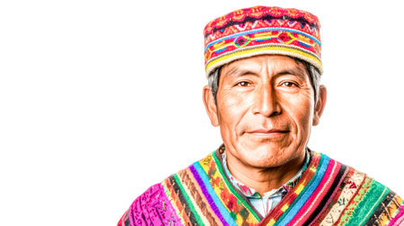 Studio portrait capturing a mature South American man dressed in vibrant traditional Andean clothing and hat, smiling serenely against a clean white backgroundの素材
