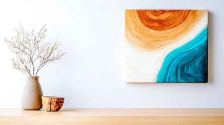 Resin artwork adds a touch of elegance to a contemporary interior setting, complemented by wooden furniture and decorative accents, creating a stylish and sophisticated ambianceの素材