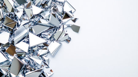 Aluminum shavings and scraps are catching light on a white background, creating a visually appealing contrast between the shiny metal and the clean backdropの素材