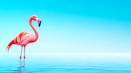 Vibrant pink flamingo standing gracefully in calm, shallow water, set against a serene, clear blue sky, creating a tranquil and picturesque sceneの素材