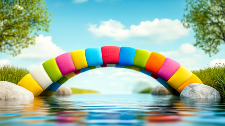 Vibrant, multicolored bridge arches gracefully over a tranquil river, surrounded by lush greenery and blue skies, creating a whimsical and playful scene in natureの素材