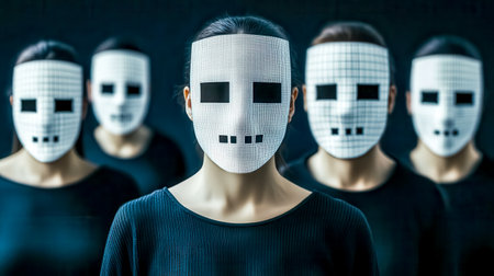 Group of programmers donning pixelated masks, concealing their identities in a dimly lit room, embodying the themes of anonymity and online privacy in the digital ageの素材