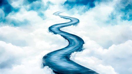 Winding road floats among fluffy clouds, leading towards a distant horizon, symbolizing the journey of life, the pursuit of dreams, and the achievement of goalsの素材