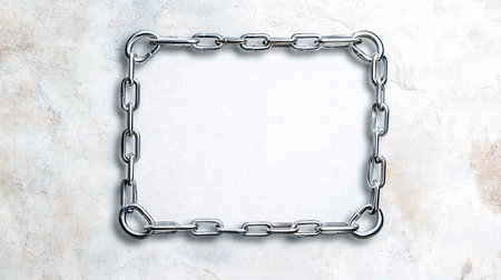 Shiny metallic chain arranged in a rectangular frame shape, creating a border on a white textured background, offering potential for various design and symbolic interpretationsの素材