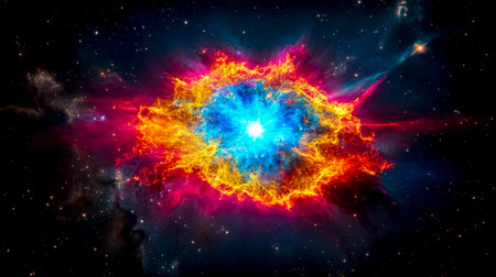 Supernova exploding in deep space with radiant orange, pink and blue waves, surrounded by countless stars, creating a breathtaking cosmic spectacleの素材