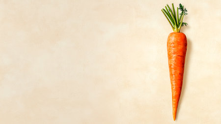 Single fresh orange carrot with green leaves lying vertically on a beige textured background, offering ample copy space for text or design elementsの素材