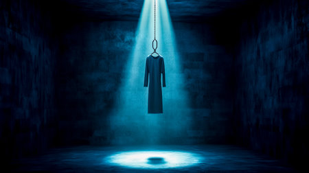 Straitjacket hanging from a metal hook, illuminated by a dramatic spotlight in a dark, foreboding room, evoking a haunting atmosphere filled with suspense and anxietyの素材