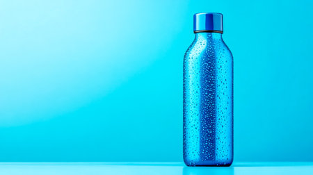Refreshing image featuring a reusable water bottle covered with condensation, emphasizing the importance of hydration and sustainable lifestyle choices against a vibrant blue backdropの素材