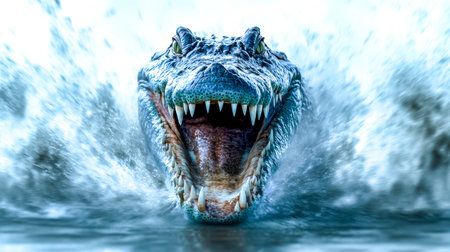 Large, aggressive crocodile lunges from a murky river, its jaws wide open, displaying sharp teeth and creating a splash of water, conveying a sense of danger and powerの素材