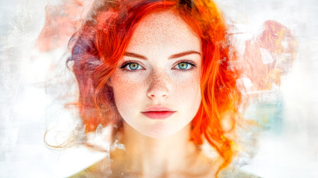 Artistic portrait of a confident and determined young woman with striking green eyes, vibrant red hair, and a face full of freckles, creating a captivating and stylish imageの素材