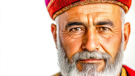 Close up portrait of a mature man with a long white beard and traditional hat, his serious expression and intense gaze conveying wisdom and experience, set against a minimalist white backdropの素材