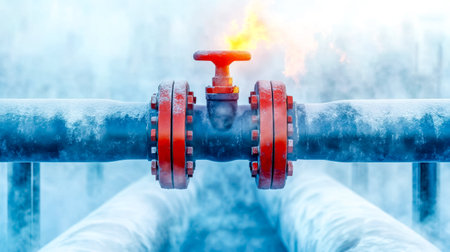 Frozen industrial pipeline with red valve releasing steam in a cold, snowy environment, potentially indicating a malfunction or pressure releaseの素材