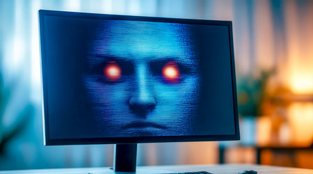 The computer screen displays a digital face with glowing eyes, creating an eerie and mysterious atmosphere. The blurred background adds to the futuristic and enigmatic feel of the sceneの素材