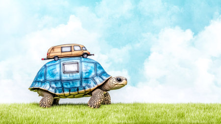 Whimsical scene featuring a turtle with a camper as its shell, set against a bright sky. The image blends nature with fantasy, creating a unique and imaginative visualの素材