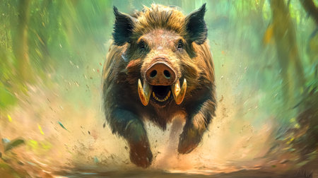 Wild boar charges aggressively down a narrow forest path, kicking up dust and debris as it runs with its tusks bared, creating a sense of power and danger in the vibrant green environmentの素材