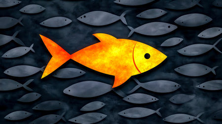 Conceptual illustration of a bright glowing golden fish swimming in the opposite direction of a school of gray fish, representing individuality, courage, and nonconformityの素材