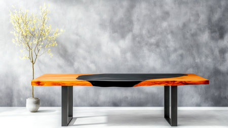 Stylish wooden table featuring a black resin inlay sits in a modern room, enhanced by a decorative plant in a simple pot, creating a minimalist, sophisticated atmosphereの素材