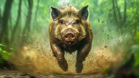 Wild boar racing through the forest, kicking up a dramatic splash of mud and dirt while charging forward, embodying the raw power and untamed spirit of wildlife in motionの素材