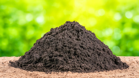 Piled dark, crumbly compost mixed with animal droppings enriches light colored soil, enhancing plant growth and improving soil structure against a blurred green backdropの素材