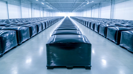 Rows of large vacuum packed goods sit on pallets, ready for shipment in a modern distribution warehouse, representing efficient inventory management and logisticsの素材