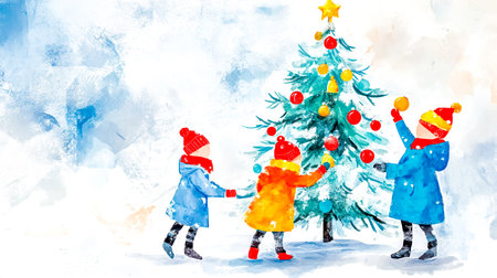 Three happy children are decorating a Christmas tree outdoors in a snowy landscape, adding colorful ornaments and enjoying the festive spirit of the seasonの素材