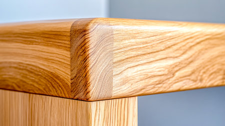 Close up view capturing the corner of a solid wood bed frame, emphasizing the rich natural wood grain and showcasing the exceptional quality of expert craftsmanshipの素材