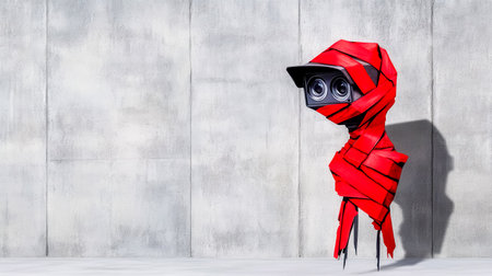 Broken surveillance camera wrapped in red tape stands against a concrete wall, symbolizing censorship, privacy, and protest against mass surveillanceの素材