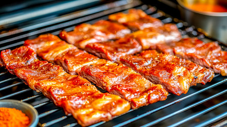 Delicious strips of marinated meat grilling on a rack in an oven, highlighting the cooking process with spices scattered nearby, creating an appetizing aroma in the kitchenの素材