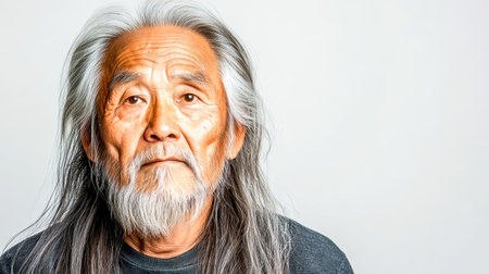 Studio portrait of an elderly Asian man with long gray hair and beard, conveying wisdom, experience, and cultural heritage against a minimalist backgroundの素材