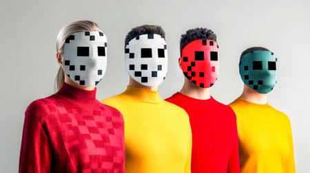 Four fashion models wearing colorful pixelated masks and turtleneck sweaters are posing together in a studio, showcasing a unique and modern styleの素材