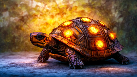 Turtle walking slowly through a surreal landscape, carrying a vintage radio as its shell, radiating a warm, inviting light that enhances the dreamlike atmosphereの素材