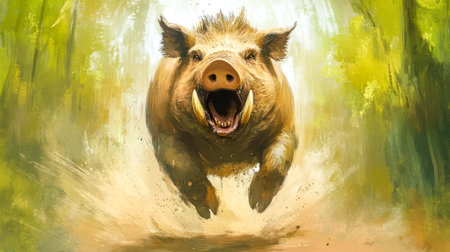 Dynamic painting captures a wild boar charging aggressively through a forest, its tusks bared and dust flying, evoking a sense of power and wildnessの素材
