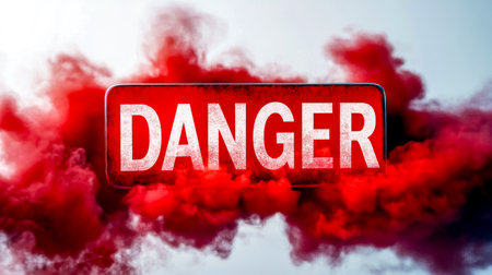 Bold, red danger sign emerges from swirling, glowing red smoke against a white background, creating a dramatic and ominous scene of warning and potential hazardの素材