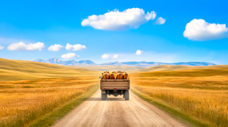 American vintage truck transporting cows drives down a dirt road through a golden field, with mountains and a blue sky with fluffy clouds in the background, showcasing rural Americaの素材