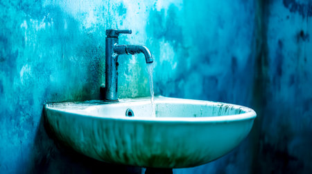 Water flowing from a chrome faucet into a dirty sink highlights poor hygiene and maintenance in a restroom featuring a vibrant blue wall, emphasizing issues of neglect and decayの素材