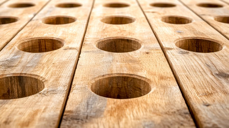 Parallel wooden planks with a series of evenly spaced, hand drilled holes create a textured and geometric pattern, suitable for backgrounds and design elementsの素材