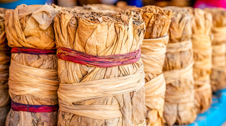 Tobacco leaves are bundled and tied with colorful string, showcasing traditional methods of packaging and preparation in a vibrant market settingの素材