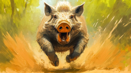 Wild boar charging aggressively down a narrow forest path, kicking up dust and dirt, with open mouth and sharp tusks, in a dynamic and dramatic wildlife paintingの素材