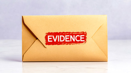 Sealed manila envelope displaying a striking red evidence stamp resting on a white table, representing the presence of vital legal documents in a criminal investigation contextの素材