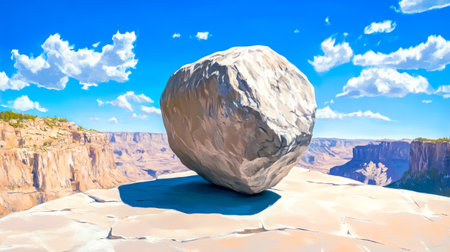 Large boulder balancing on the edge of a cliff overlooking a vast canyon under a bright blue sky with fluffy white clouds, creating a dramatic and precarious sceneの素材