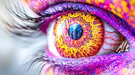 Close up of a vibrant, digitally enhanced iris featuring intricate patterns of fiery orange and yellow hues, accented by purple makeup and long eyelashes, creating a futuristic aestheticの素材
