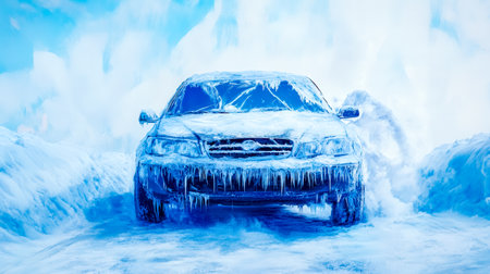 Ice and snow enveloping a frozen car parked on a snowy road during a winter blizzard creates a striking yet perilous scene, highlighting the harshness of winter weather conditionsの素材