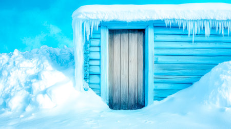 Frost and icicles are hanging from the roof of a wooden cabin door, surrounded by a deep blanket of snow in a winter wonderland, creating a picturesque scene of tranquility and coldの素材