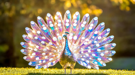 Stunning peacock showcases its vibrant, iridescent tail feathers in full display, capturing the essence of natural beauty and elegance against a softly lit backgroundの素材