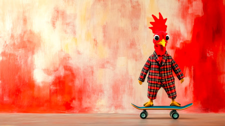 Funny conceptual image of a chicken businessman wearing a suit and tie riding a skateboard in front of a red wall, representing business challenges, risk taking, and unconventional approachesの素材